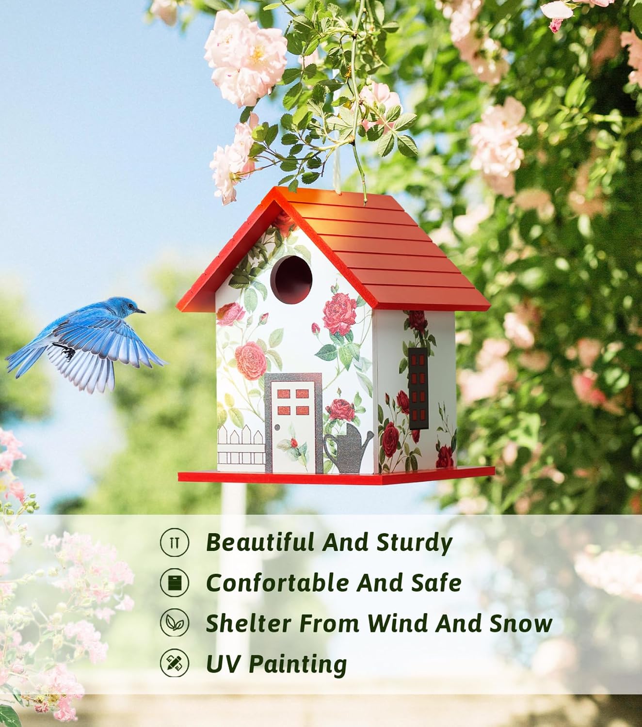 Spring Melody Bird House, Composite Material Nesting Box, Hanging Birdhouse for Blue Bird, Squirrel Proof Birdhouse for Outside, 10 Years Water Proof Weatherable Pole Mountable Bird House (Red)
