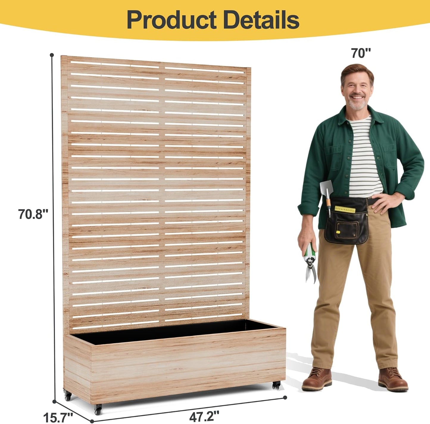 Raised Garden Bed with Trellis and Wheels,73"x47"x16" Metal Raised Garden Bed,Acacia Finish Metal Planter with Climbing Trellis for Vines & Vegetables