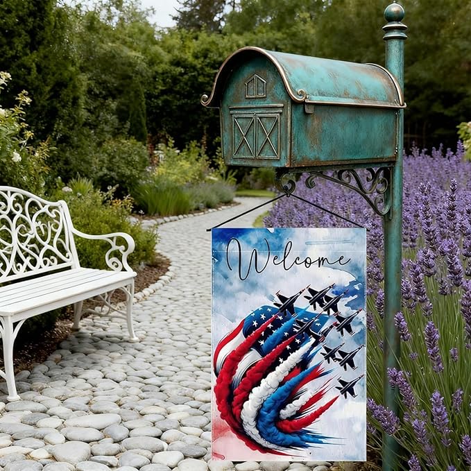 Patriotic Garden Flag 12x18 Inch Double Sided Outside, USA 4th of July Memorial Day Independence Day Watercolor Yard Outdoor Decoration(Fighter jet)