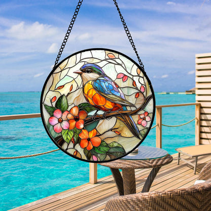 Stained Glass Window Hanging, Blue Bird Pink Flower Suncatcher Diamond Glass Panel Bird Sun Catchers Decor for Birthday for Women, Men, Wife, Aunt, and Mom 14.9x14.9 in