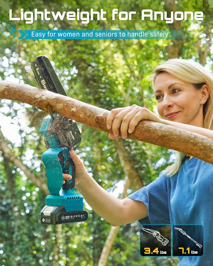 SEESII 2-in-1 Electric Pole Saws for Tree Trimming, 6 Inch Mini Chainsaw Cordless with Extension Pole, Battery Powered Pole Chain Saw, Tree Trimmer Limb Branch Cutter Pruner with 2 Battery PS600