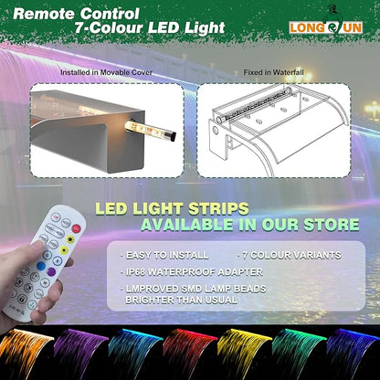 Pool Fountain, LONGRUN Waterfall Spillway for Koi Ponds - 23.6" Transparent Acrylic Waterfall with APP Control & Multi-Color LED Lights for Swimming Pool, Garden Pond, Patios, Spa Decoration