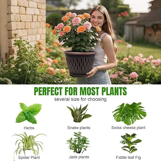 4 Pack 12 Inch Retro Plant Pots, Vintage Striped Flower Pots with Drainage Hole & Saucer, Large Plastic Planters for Indoor and Outdoor Plants, Decorative Garden Pots(Copper)