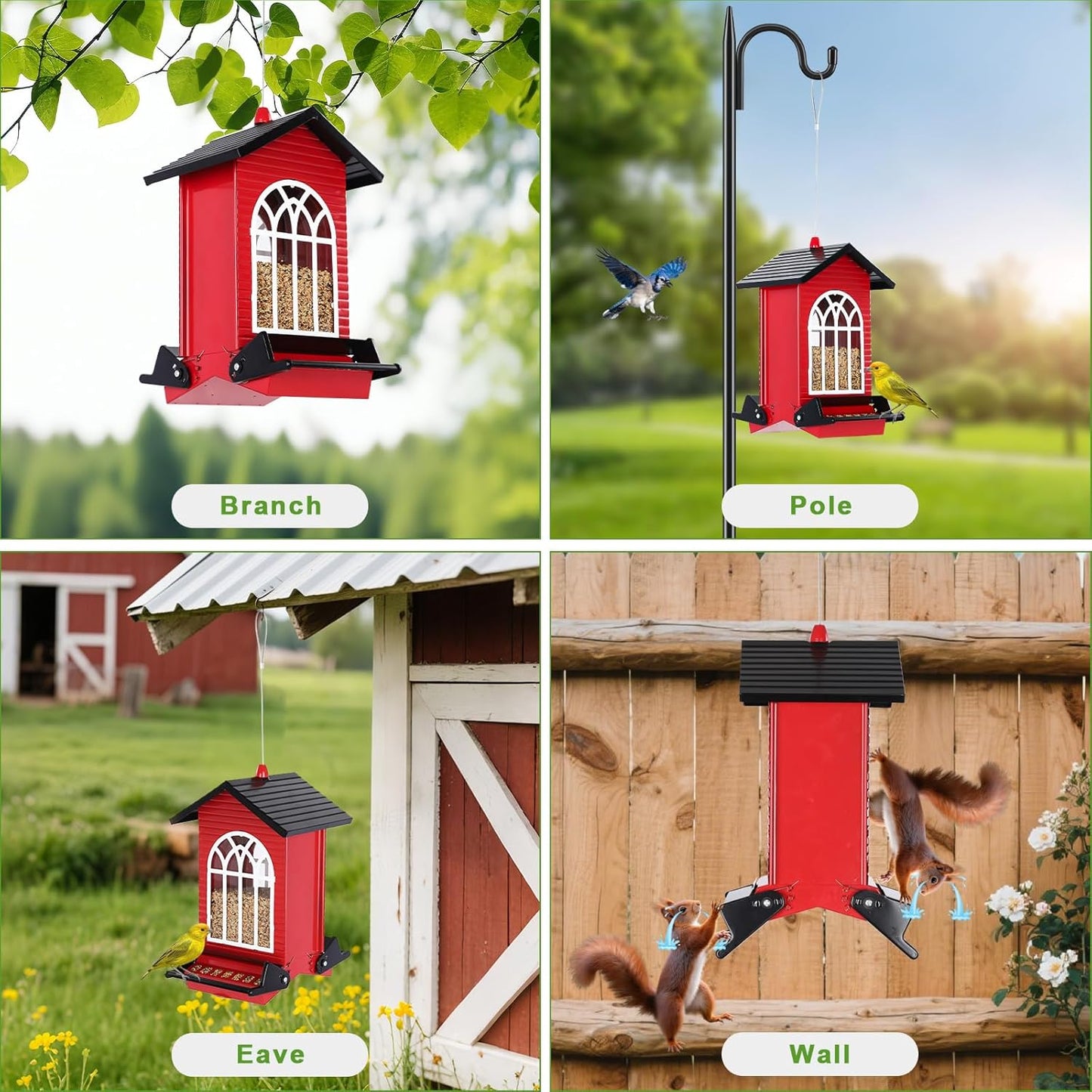 Squirrel Proof Bird Feeder for Outdoors,5LB Large Capacity,Metal Wild Bird Seed Feeder with Bilateral Weight-Activated Perches for Outside Hanging,Finch,Cardinal,Blue Jay,Garden Decoration,Red