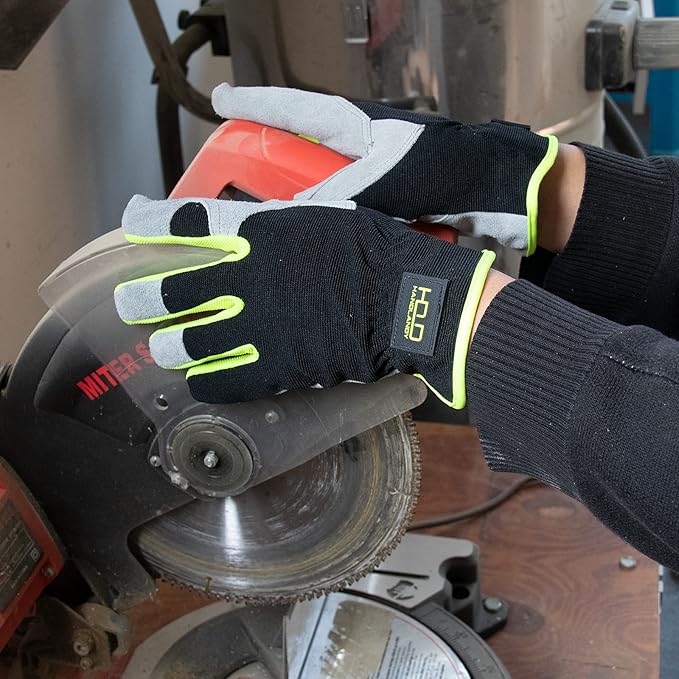 HANDLANDY Men Leather Gardening Gloves, Utility Work Gloves for Mechanics, Construction, Driver