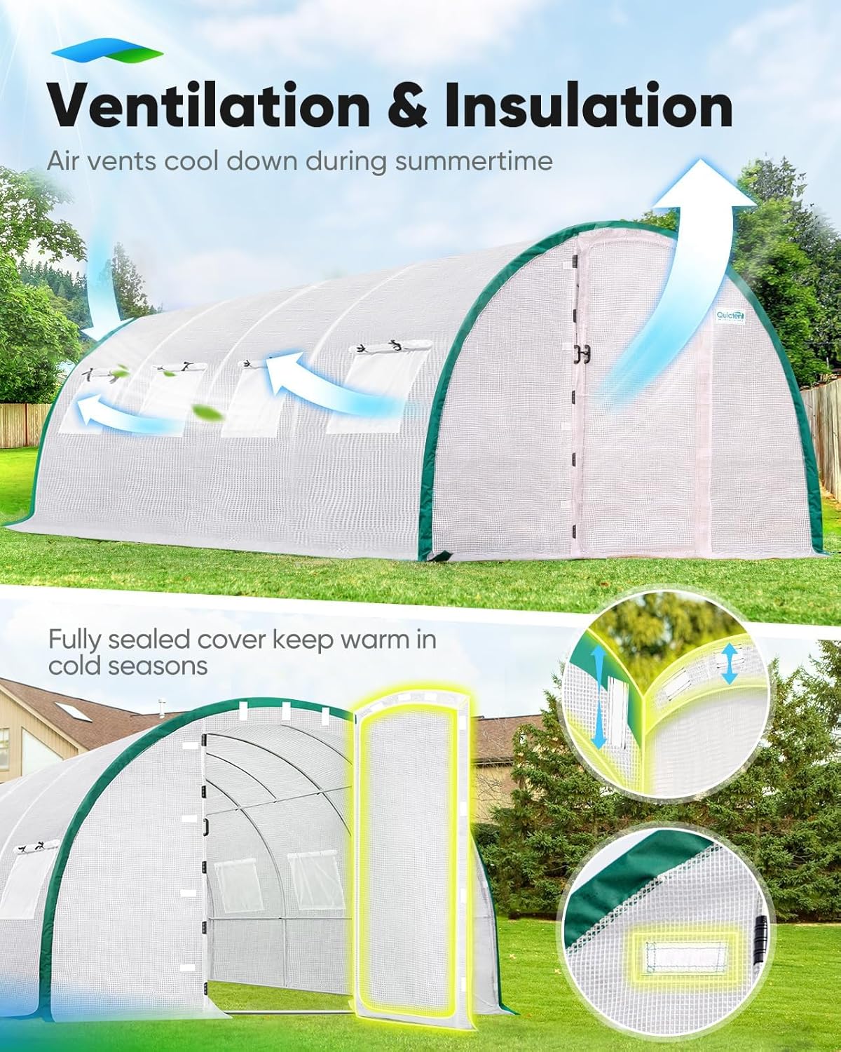 Quictent Premium Greenhouse Swing Door Large Walk-in Green Houses for Outdoors, Upgraded Tunnel Hoop House Frame and Cover for Outside Garden Plant, 2 Swing Door 8 Screen Window, 20x10x6.6 FT, White