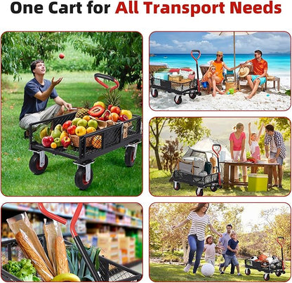 GarveeLife 360 LBS Foldable Steel Garden Cart, Yard & Garden Utility Wagon w Removable Mesh Sides, Collapsible Metal Utility Wagon Cart with 180° Rotating Handle for Garden, Farm, Yard