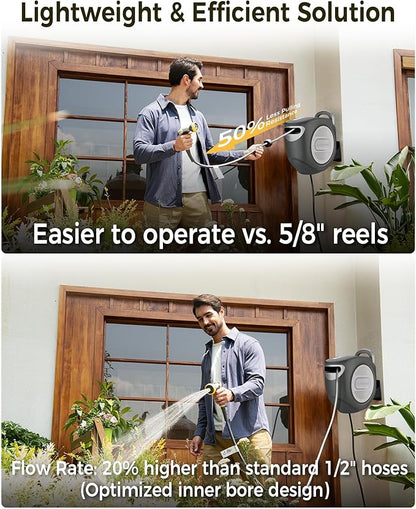 GLAHODEN Retractable Garden Hose Reel 1/2 in x 155 ft Upgraded UV Resistant Heavy Duty Automatic Hose Reel Metal Wall Mount 3/4 in Brass Fitting 9 Pattern Nozzle Any Length Lock Slow Retraction