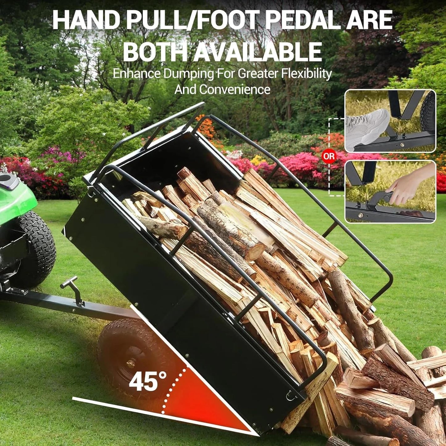 Garvee Garden Utility Trailer, 17 Cu. Ft & 750 LBS Capacity, ATV UTV Hauling Trailer, Tow Behind Steel Dump Cart, Hand Pull or Foot Pedal, Heavy Duty Yard Trailers for Lawn Mower Tractor