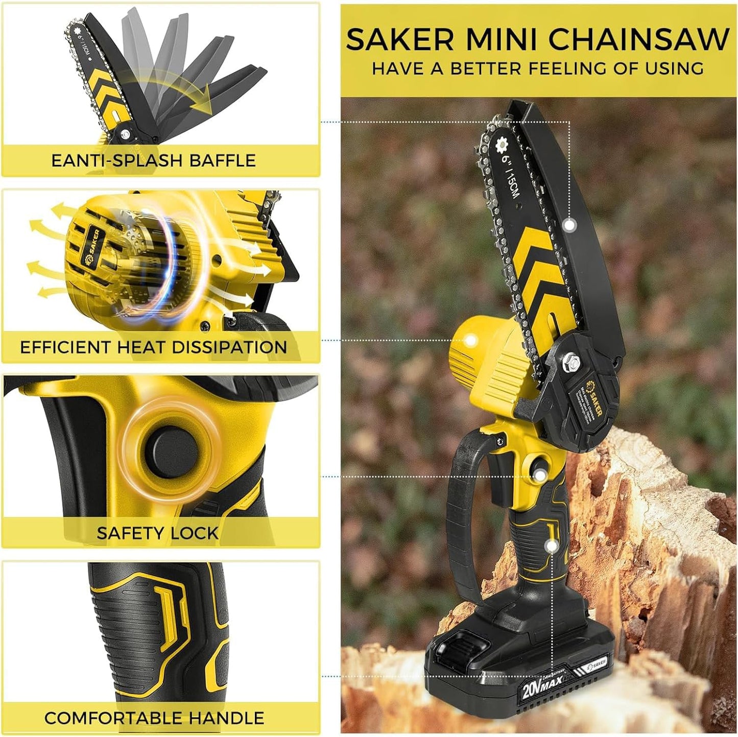 Saker Mini Chainsaw,6 Inch Portable Electric Chainsaw Cordless, Small Handheld Chain saw for Tree Branches,Courtyard, Household and Garden (SK1806D-Y)