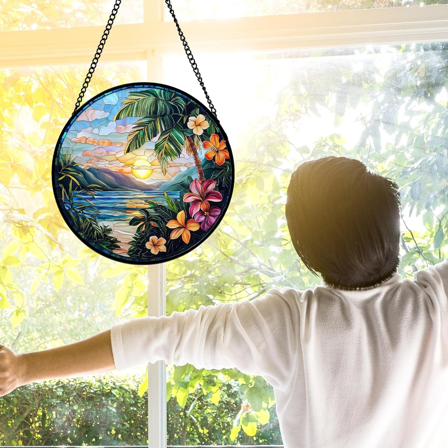 Stained Glass Window Hanging, Colorful Landscape Suncatcher for Doors Home Sun Catchers Decoration and Christmas, Mother's Day Birthday Gifts for Women, Men, and Mom 11.8x11.8 in