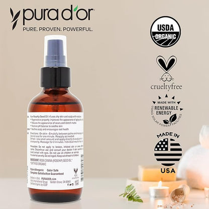 PURA D'OR ORGANIC Rosehip Seed Oil Hair Relaxer (4 Oz x2 = 8 Oz) 100% Pure Cold Pressed USDA Certified All Natural Anti-Aging, Scar Treatment, Gua Sha Massage, Face, Hair & Skin - Women & Men