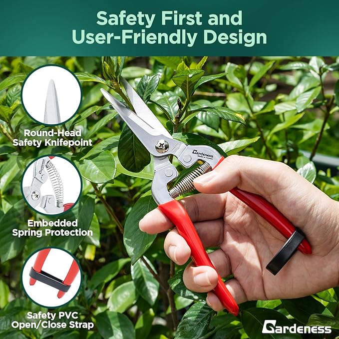 Gardeness Pruning Shear Straight Pruning Snip 2PCS Stainless Steel Florist Scissors, Multi-Tasking Precision Hand Pruner Herb Snips Flower Clippers Bonsai Trimmers Ergonomic Handle Garden shear