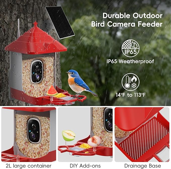 Smart Bird Feeder with Camera, Solar Panel & 5200mAh Battery, 4K HD Video, AI Identification, Instant Arrival Alerts & Alarm, IP65 Weatherproof, 32GB Card, 2L Capacity, Bird Lover’s Smart Companion