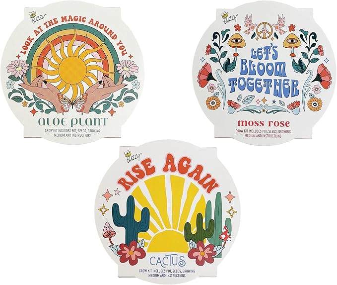 Buzzy Seeds Cactus, Moss Rose, Aloe Mini Basin Grow Kit Trio | 3-Pack | Guaranteed to Grow | Best Indoor-Outdoor Gardening Gift