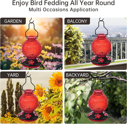 Glass Hummingbird Feeders for Outdoors Hanging, 23Oz Humming Bird Nectar Feeders with Perch, 5 Flower Feeding Ports, Leak Proof Base and Hook for Garden Decor, Gifts for Mom Women (Red)