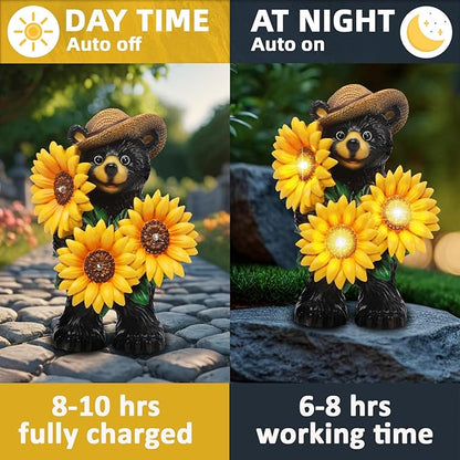 Bear Statue with Sunflowers LED Light 7.2" Solar Lamp Outdoor Garden Patio Yard Porch Lawn Decor Waterproof Resin Black Bear Figurine Unique Garden Gifts for Women Mom Grandma Sister