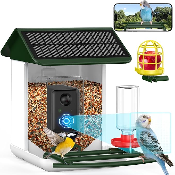 Bird Feeder with Camera-2K HD & Full Color Night Vision, Free AI Forever for 1,1000+ Species Identification, Solar Powered Wireless Outdoor, Includes 64GB TF Card, Two-Way Audio, App Alerts