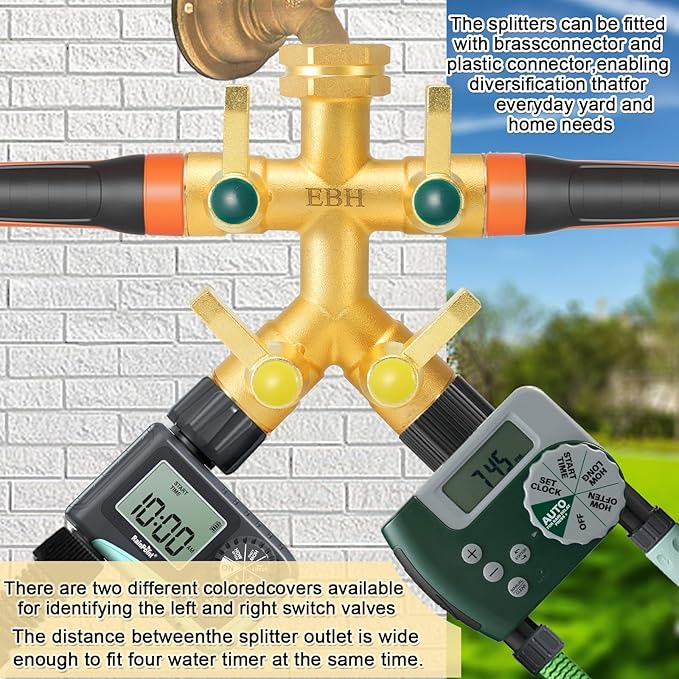 EBH Brass Garden Hose Splitter Full Flow, Outdoor Faucet Heavy Duty Hose Splitter 4 Way High Flow, 3/4-Inch Multi-Angle Spout with 4 Individual On/Off Valve and Extended Handle