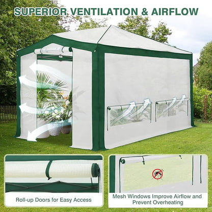 EAGLE PEAK 12x8 Portable Walk in Greenhouse with Polyester Reinforced Corners, Instant Pop up Indoor Outdoor Gardening Green House, Roll Up Zipper Entry Doors and Mesh Windows, Green/White