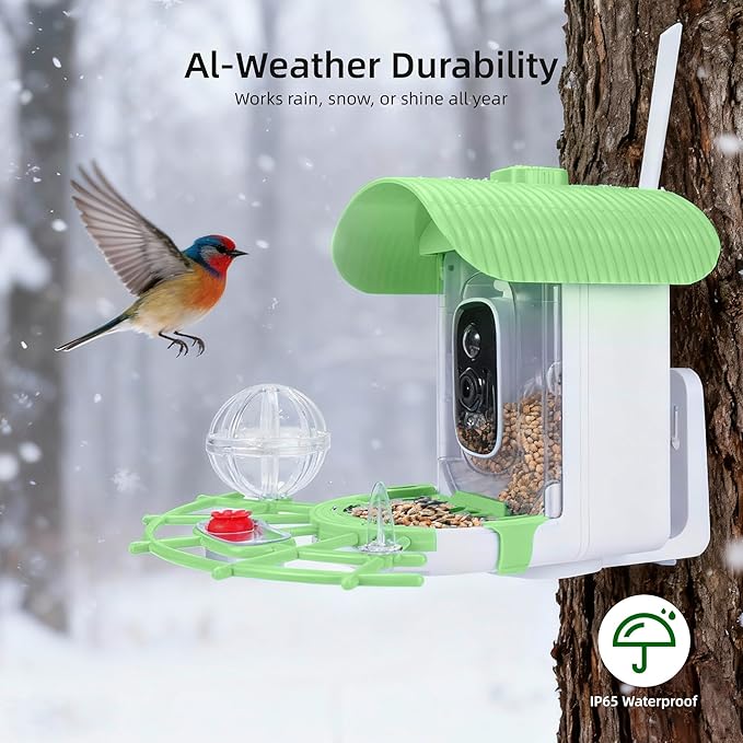 Bird Feeder with Camera, Smart Bird Cam with AI Identify BirdSpecies, Auto Record BirdVideo, Instant Notifications, 2K Video Live Stream Camera with Solar Panel for Birds Lover (Green)
