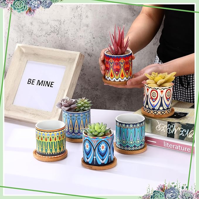Zopeal 6 Pcs 3 Inch Succulent Pots Succulent Planters Cylinder Ceramic Pots Mandala Multicolor Cactus Pot with Drainage Holes and Bamboo Trays for Indoor Plants Flowers Garden Decoration(Basic)
