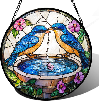 Stained Glass Window Hanging, 2 Blue Birds Suncatcher Diamond Glass Panel Hangings Bird Lover Sun Catchers Decor for Birthday for Women, Men, Wife, Aunt, and Mom 14.9 in