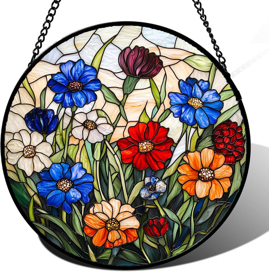 Stained Glass Suncatcher, Colorful Flowers Green Leaf Sun Catcher Landscape Stain Glass Window Hanging Decoration Mother's Day Birthday Gifts for Women Men Mom Nana 15 in
