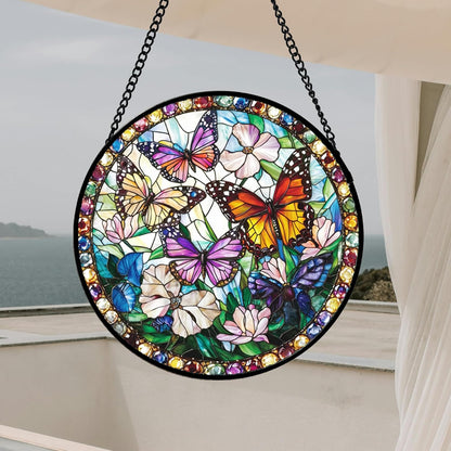 Stained Glass Window Hanging, Colorful Butterfly Suncatcher for Doors Home Sun Catchers Decoration and Christmas, Mother's Day Birthday Gifts for Women, Men, and Mom 14.9x14.9 in