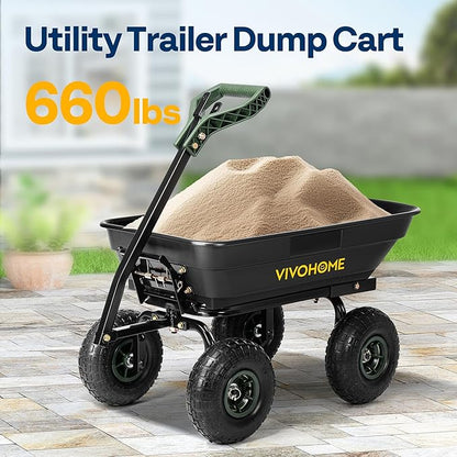 VIVOHOME 4 Cu.Ft 660lbs Wheelbarrow Garden Cart Dump Wagon with 2-in-1 Convertible Handle Attach to ATV or Tractor, 10" All Terrain Wheels, Quick Release System, Heavy Duty Utility Trailer for Yard