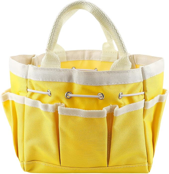 Small Garden Tote Bag Oxford Waterproof with 8 Pockets Gardening Plant Tool Organizer Storage Carrier Store for Outdoor Children (Yellow)