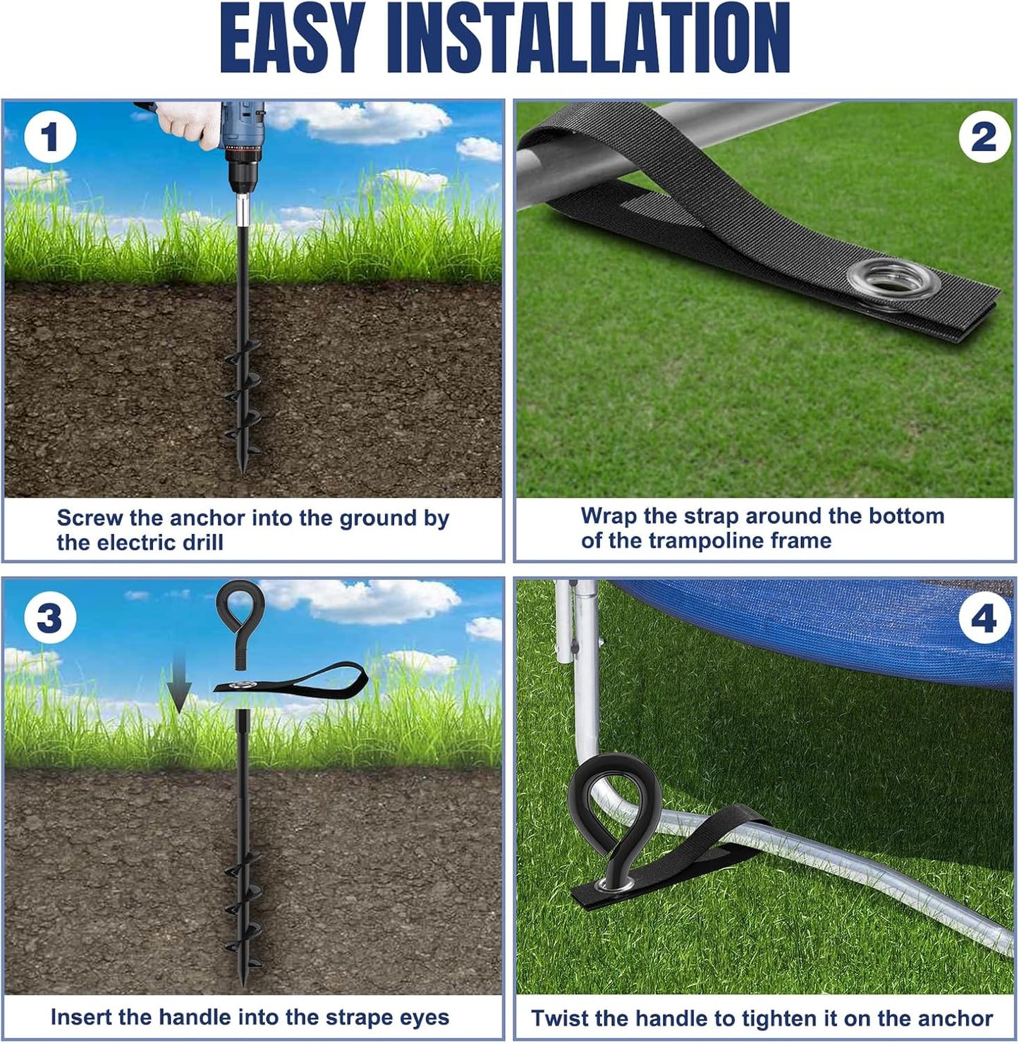 Eurmax USA Trampoline Stakes Screw in Tent Stakes Parts Heavy Duty for Canopies,4-Pack Outdoor Anchor Kit with Straps(Black)