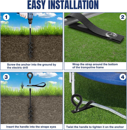 Eurmax USA Trampoline Stakes Screw in Tent Stakes Parts Heavy Duty for Canopies,4-Pack Outdoor Anchor Kit with Straps(Black)