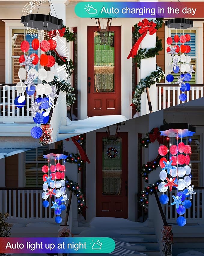 Toodour Solar Decorative Lights Outdoor, Red White Blue Shells Wind Chimes for Garden Porch Yard Window Decor, Gifts for Mom Grandma Women Wife Girls