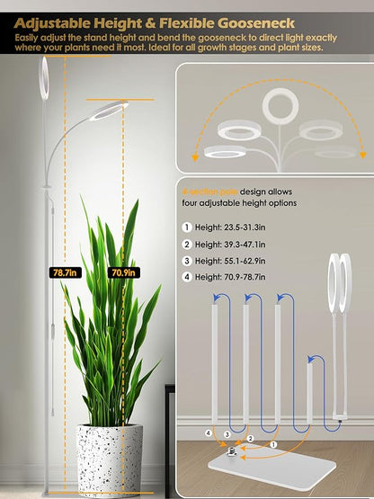 GLOWRIUM Grow Lights for Indoor Plants,Plant Light with 3/9/12/16H Grow Light Timer,2-Head 48W Full Spectrum LED Grow Light, 3 Lighting Mode and Stepless Dimming (White, 48W)