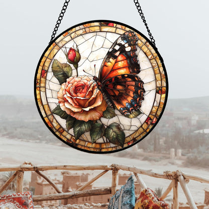 Stained Glass Window Hanging, Butterfly Picking Flowers Suncatcher for Doors Home Sun Catchers Decoration and Christmas, Mother's Day Birthday Gifts for Women, Men, and Mom 14.9x14.9 in