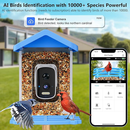 Smart Bird Feeder with Camera, AI Bird Species Identification Solar Powered Panel, 2.5k HD Video Bird House with Camera for Outside Garden, Ideal Gifts for Lover, Blue