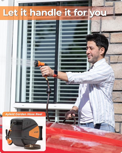 Ayleid Retractable Garden Hose Reel,1/2 in x 130 ft Wall Mounted Hose Reel, with 9- Function Sprayer Nozzle, Any Length Lock/Slow Return System/Wall Mounted/180°Swivel Bracket (Black)