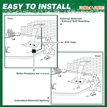 Waterfall Pool Fountain, LONGRUNNEW Stainless Steel Waterfall Spillway with Pipe Connector Kits for Outdoor/Indoor Decorative, 23.6 Inches Pool Water Feature for Garden Patio, Backyard Koi Pond Decor