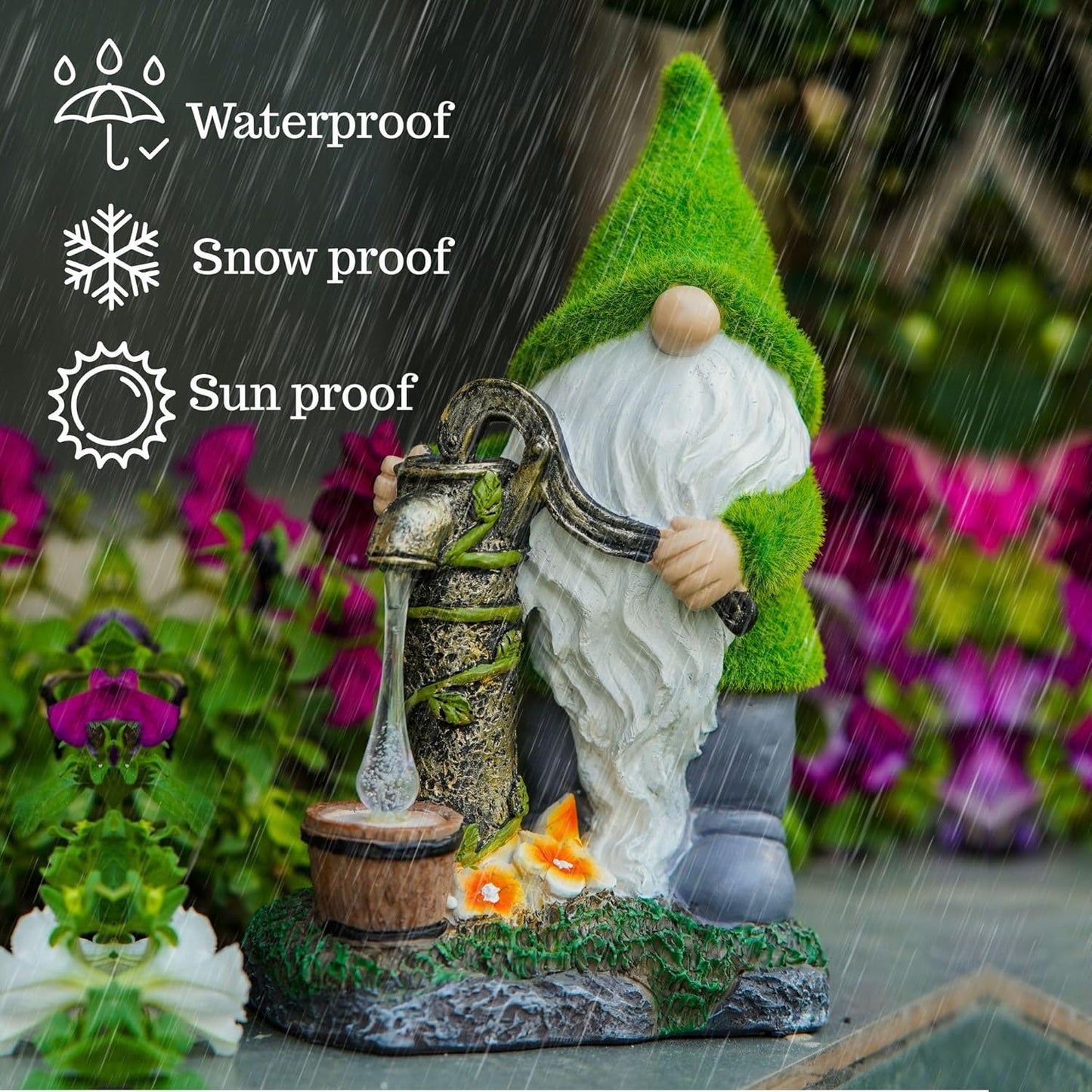 Water Pump Gnome Garden Decor for Yard/Lawn/Patio/Deck - Outdoor Weatherproof Statue with Solar Light - Moss Effect - Fun Spring & Summer Charming Gnomes Gifts for Women (Forest Green)