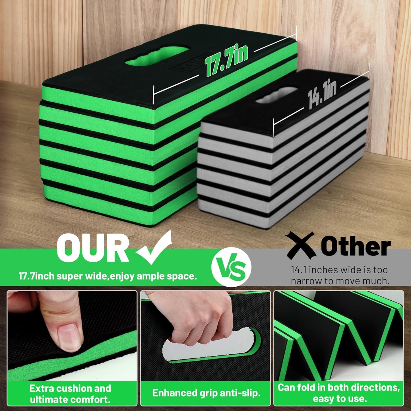 Extra Thick Kneeling Pad for Working Under Car, 47.2 * 17.7 * 1.2" Portable Foldable EVA Mechanic Mat for Garage, Gardening, Yardwork, Workshop, Green & Black