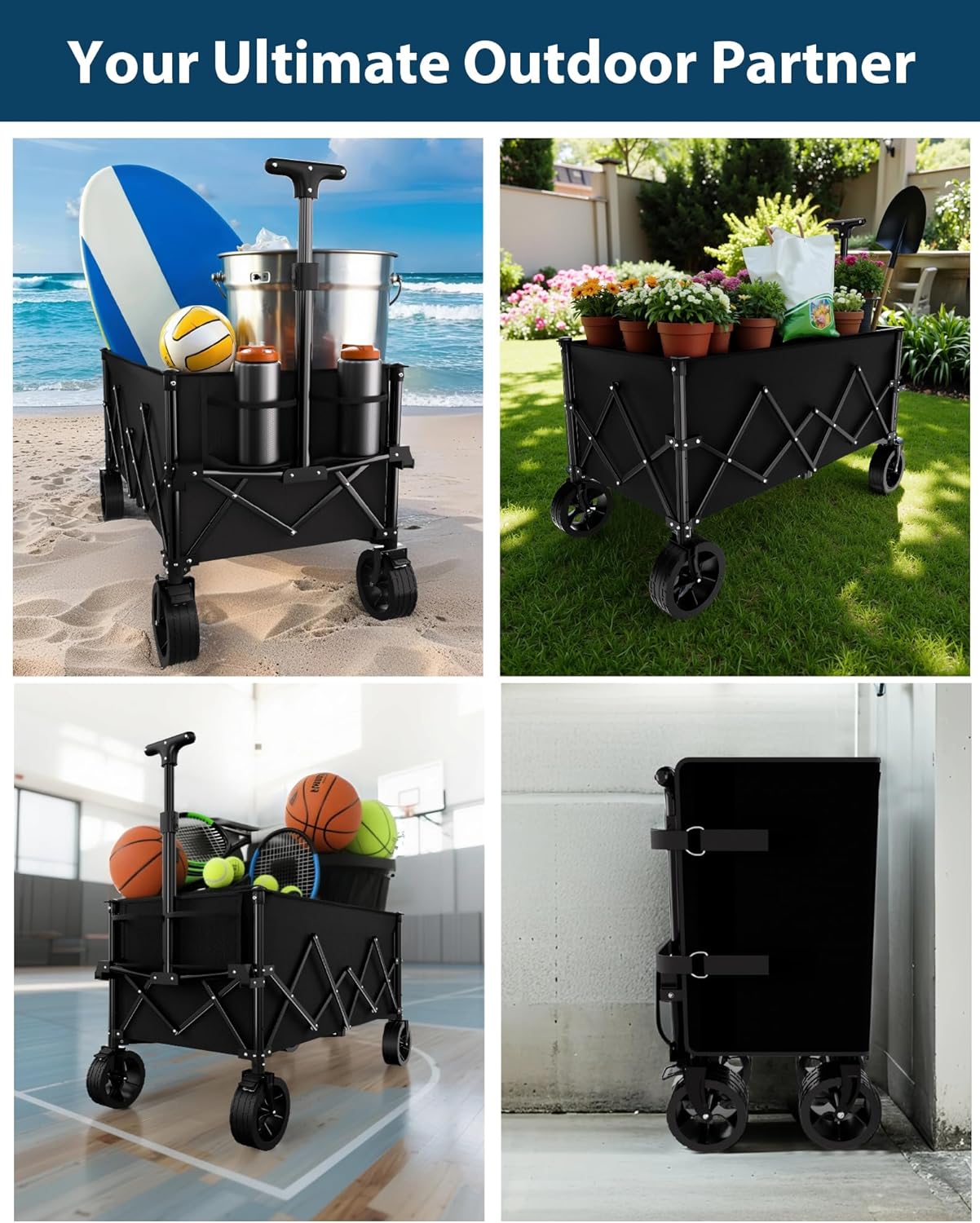 7.8 cu ft Extra Large Wagons Carts Foldable with 360lbs Weight Capacity Heavy Duty Beach Wagon with Big Wheels for Sand All Terrain Collapsible Folding Utility for Camping, Garden, Sports, Shopping