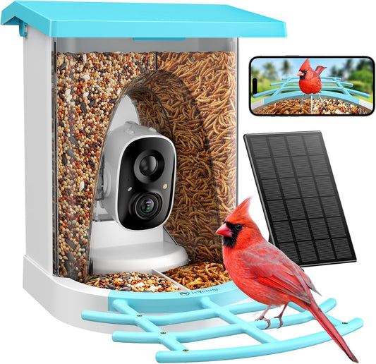 Smart Bird Feeder with Camera, 2K HD, Dual Granary, AI Identify 16,000+ Birds, Auto-Capture, Motion Detection, 5W Solar, 170° Wide View, Ideal Gift for Birds Lovers, Outdoor Bird Watching.