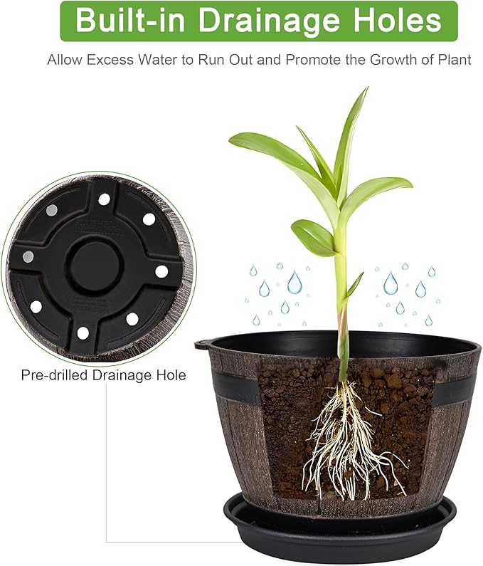VECELO Plant Pots with Drainage Holes & Saucer, 7.6 Inch Flower Pots with Tray, 4 Pack Plastic Whiskey Barrel Planters for Indoor & Outdoor Garden Home Plants and Flowers