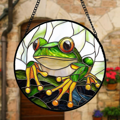 Stained Glass Window Hanging, Green Frog White Petals Sun Catchers Colorful Glass Panel Cute Suncatcher Decor for Birthday for Women, Men, Wife, Aunt, and Mom 7.8 in