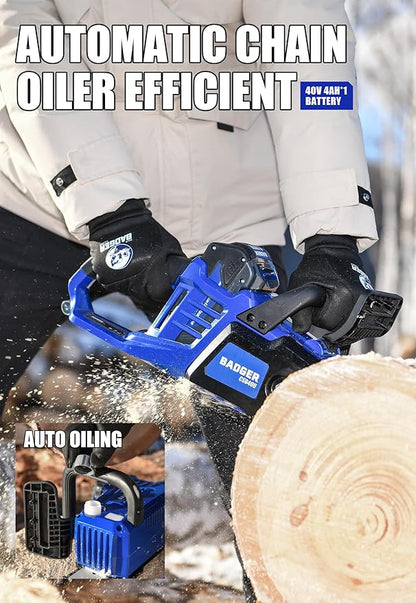 WILD BADGER POWER Electric Chainsaw Cordless 40V 16" Brushless, 4.0 Ah Battery and Charger, Smart Cut technology, Efficient cutting, Safe and Reliable, Great for Tree Felling, Storm Clean-Up, Pruning