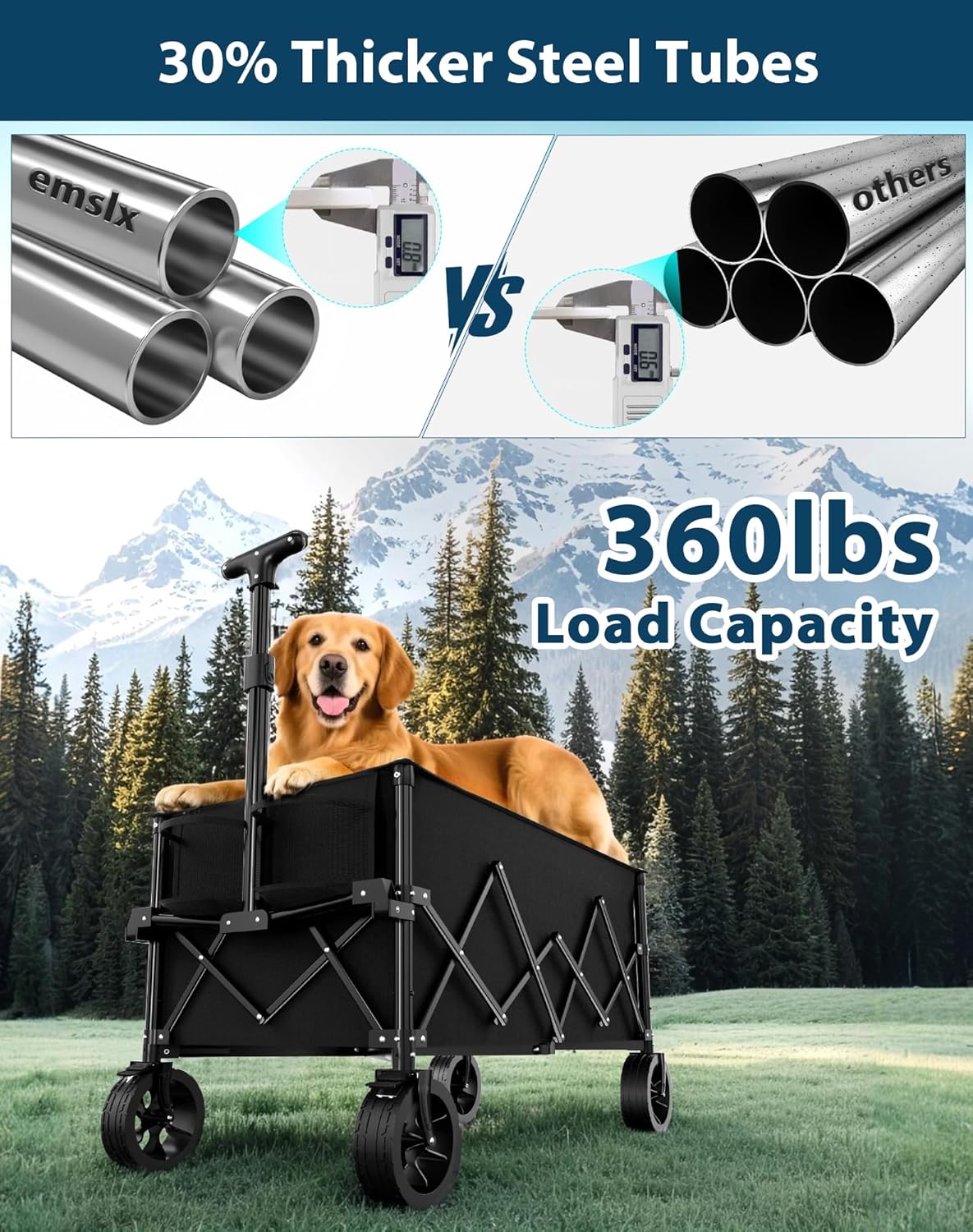 7.8 cu ft Extra Large Wagons Carts Foldable with 360lbs Weight Capacity Heavy Duty Beach Wagon with Big Wheels for Sand All Terrain Collapsible Folding Utility for Camping, Garden, Sports, Shopping