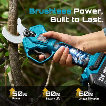 SEESII Electric Pruning Shears Cordless: 1.6" Cutting Diameter Power Pruner - 2 Pcs 4.0Ah Batteries, Brushless Motor, Extra SK5 Blade, 4 Modes Adjustable Branch Cutter for Tree Flower Trimming