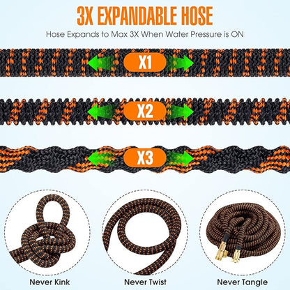 100 ft Expandable Garden Hose, 2025 New Kink Free Flexible Water Hose 100ft with 10 Pattern Spray Nozzle, Leakproof Solid Brass Connectors, Retractable Latex Core, Lightweight Expanding Hose