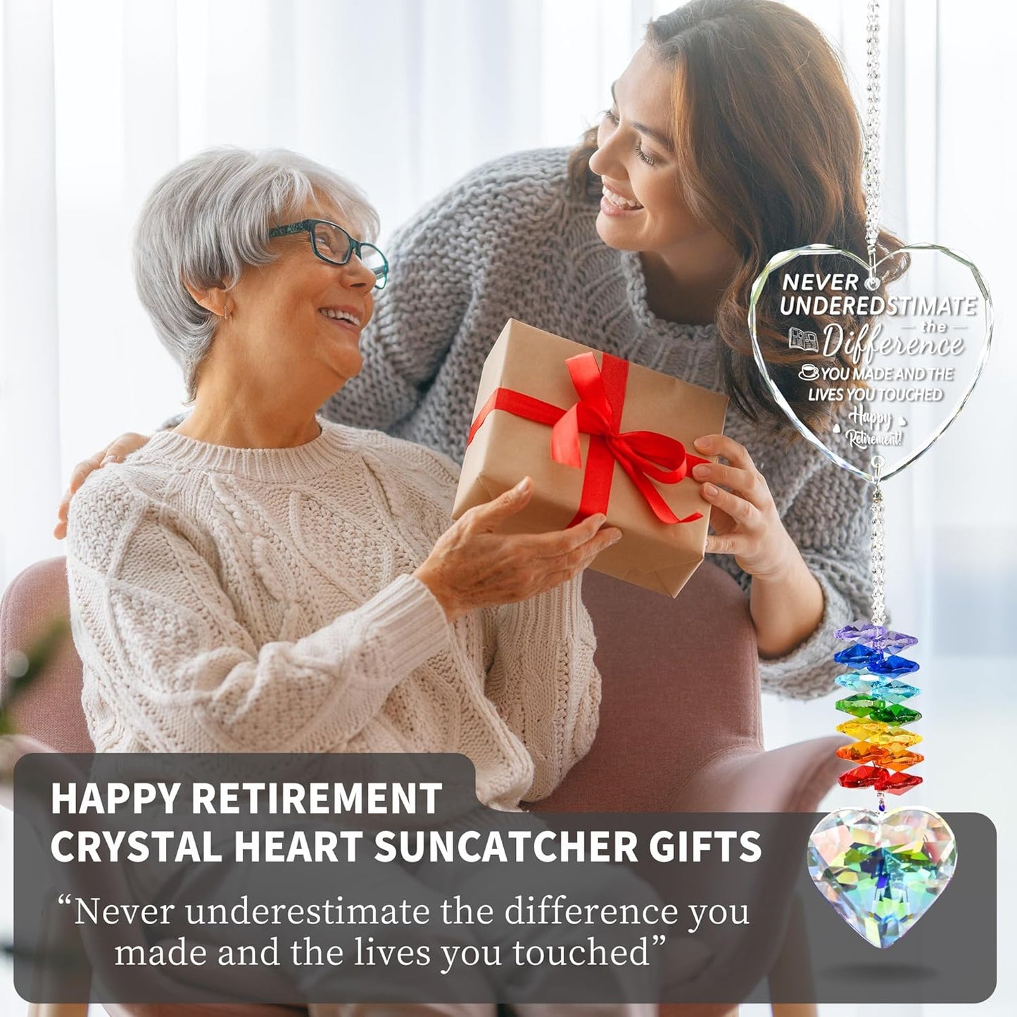 Happy Retirement Crystal Suncatcher Gifts for Women, Men - Window Hanging Crystal Heart Prism Sun Catcher Rainbow Maker Pendant